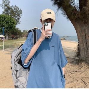 @纪凡豹 100%纯棉短袖恤男简约百搭宽松港风五分袖潮流休闲上衣服体恤ins 白色ACYNC