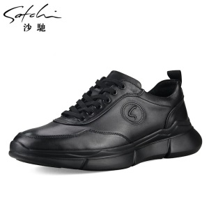 沙驰男鞋英伦商务休闲鞋男士低帮圆头系带舒适透气牛皮皮鞋 黑色202062008Z 44