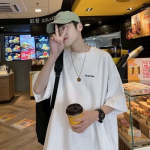 @纪凡豹 100%纯棉短袖恤男简约百搭宽松港风五分袖潮流休闲上衣服体恤ins 白色ACYNC