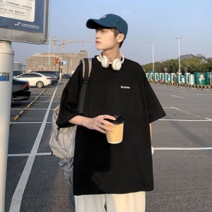 @纪凡豹 100%纯棉短袖恤男简约百搭宽松港风五分袖潮流休闲上衣服体恤ins 白色ACYNC