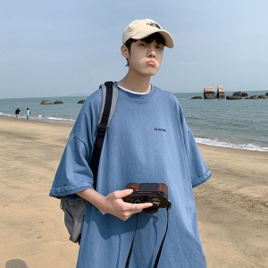 @纪凡豹 100%纯棉短袖恤男简约百搭宽松港风五分袖潮流休闲上衣服体恤ins 白色ACYNC