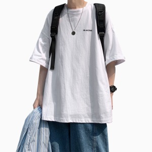 @纪凡豹 100%纯棉短袖恤男简约百搭宽松港风五分袖潮流休闲上衣服体恤ins 白色ACYNC