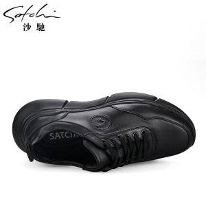 沙驰男鞋英伦商务休闲鞋男士低帮圆头系带舒适透气牛皮皮鞋 黑色202062008Z 44