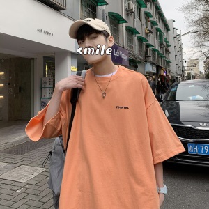 @纪凡豹 100%纯棉短袖恤男简约百搭宽松港风五分袖潮流休闲上衣服体恤ins 白色ACYNC