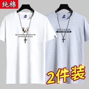 雾卡【纯棉2件】短袖t恤男纯棉半截袖衣服圆领休闲潮印花胖青年大码青少年夏季体恤汗衫