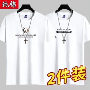 雾卡【纯棉2件】短袖t恤男纯棉半截袖衣服圆领休闲潮印花胖青年大码青少年夏季体恤汗衫