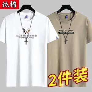 雾卡【纯棉2件】短袖t恤男纯棉半截袖衣服圆领休闲潮印花胖青年大码青少年夏季体恤汗衫