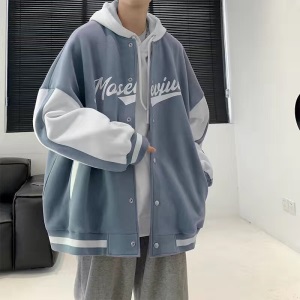 杫木棒球服外套男春秋季宽松百搭夹克男青少年港风潮流帅气休闲一套衣服男士男装运动三件套 T104蓝夹+E00白t+K20灰裤 56 XL  105斤-140斤